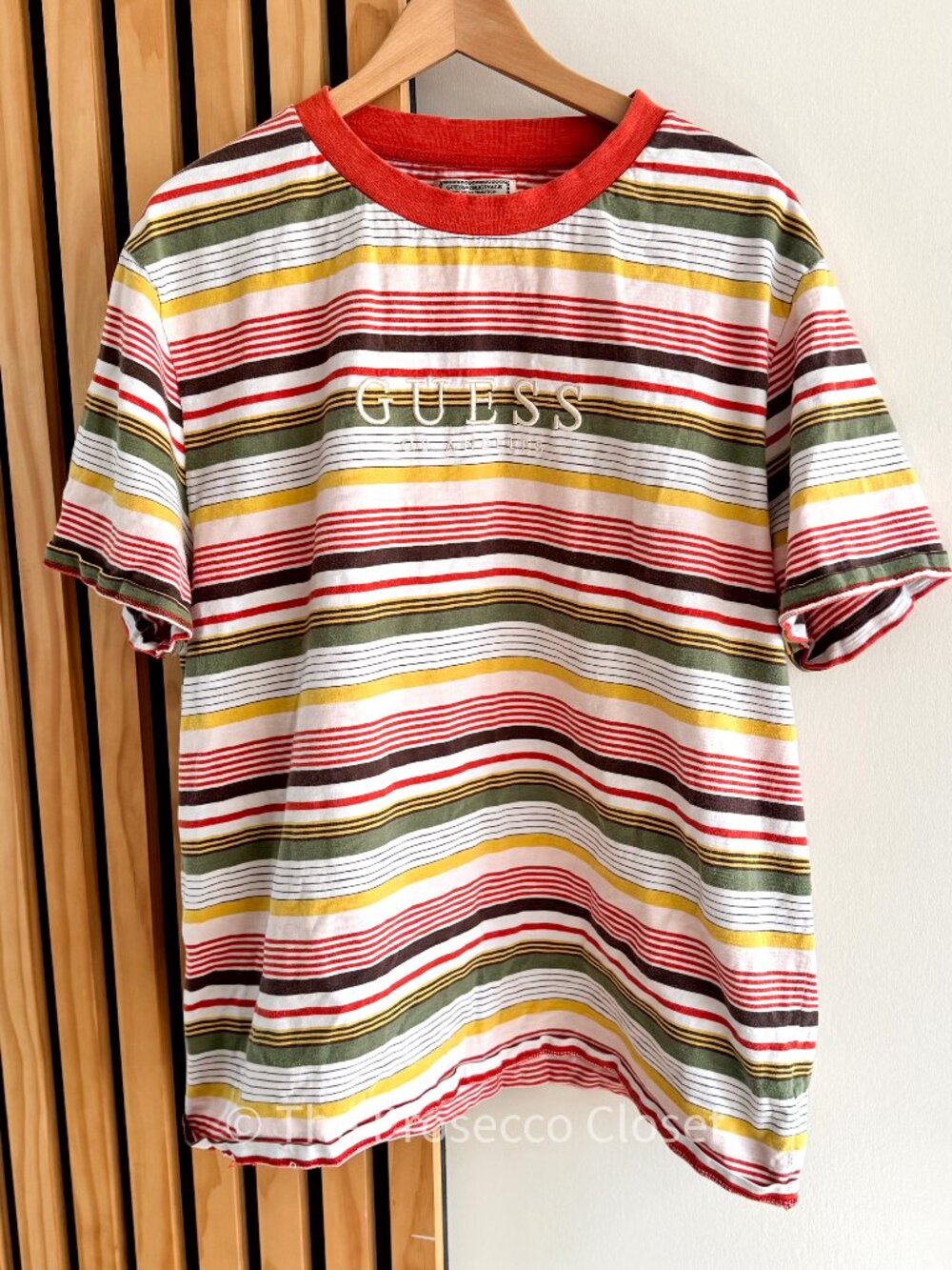 90s Vintage Guess Stripe Embroidered Logo Tee (XL)